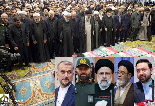 اقامه نماز رهبر انقلاب بر پیکر شهید ابراهیم رئیسی و شهدای همراه